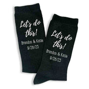 Personalized wedding day socks custom printed for the groom personalized with your names and wedding date digitally printed on the side of the socks.