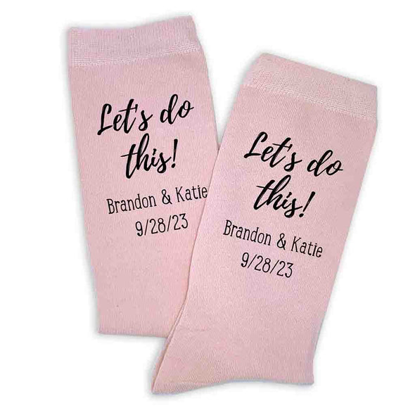 Personalized wedding day socks custom printed for the groom personalized with your names and wedding date digitally printed on the side of the blush dress socks.