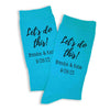 Personalized wedding day socks custom printed for the groom personalized with your names and wedding date digitally printed on the side of the turquoise dress socks.