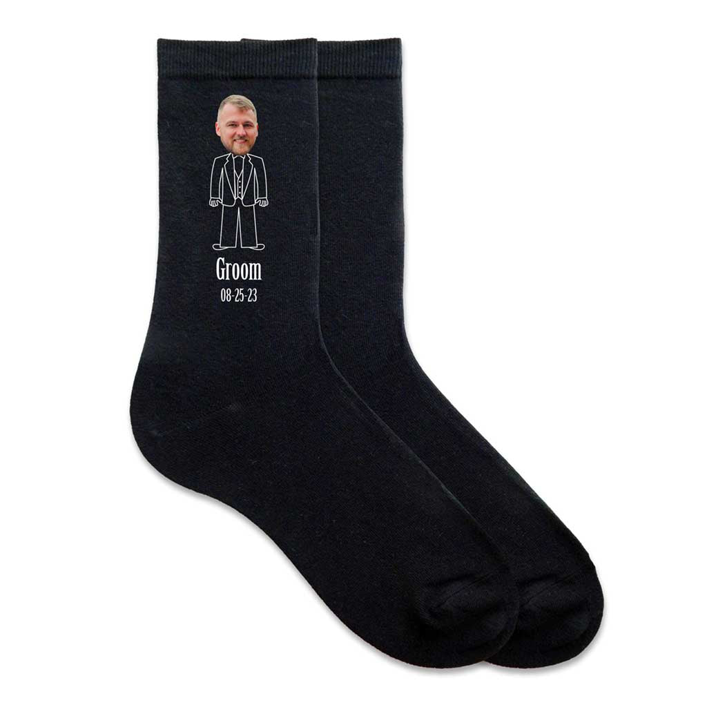 Custom printed photo socks with groom's face printed on cotton dress socks