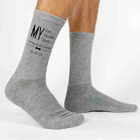 Personalized wedding socks My Dad My Hero My Friend with the date printed on the outside of both socks make a great wedding keepsake.