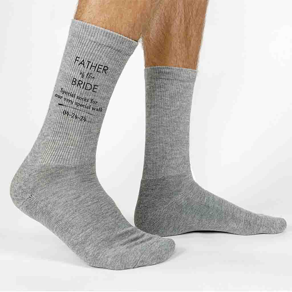 Custom printed ribbed knit crew socks digitally printed with  father of the bride and personalized with your wedding date.