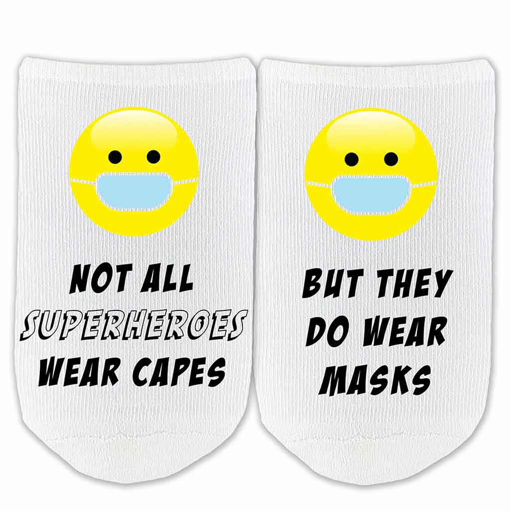 Not all superheroes wear capes but they do wear masks custom printed on no show socks.