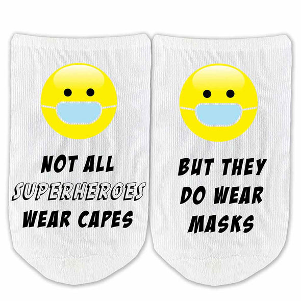 Not all superheroes wear capes but they do wear masks custom printed on no show socks.