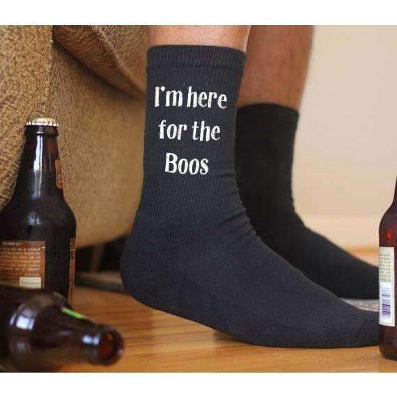 I'm here for the boos digitally printed on the side of black ribbed crew socks.