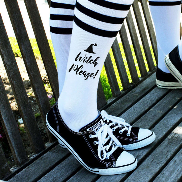 Witch please custom printed on black striped knee high socks.