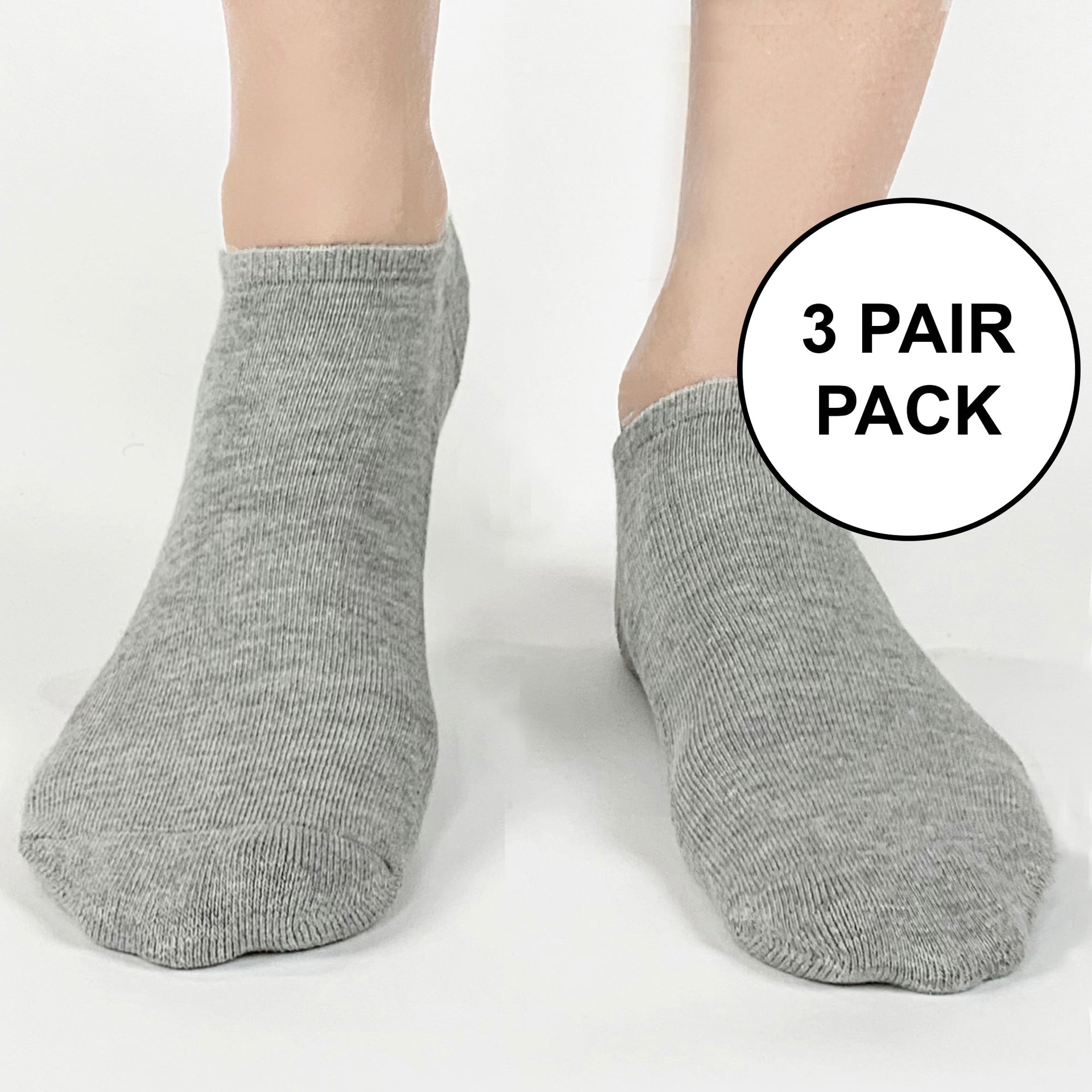 Heather gray cotton no show socks sold as a three pair pack in same size and color.