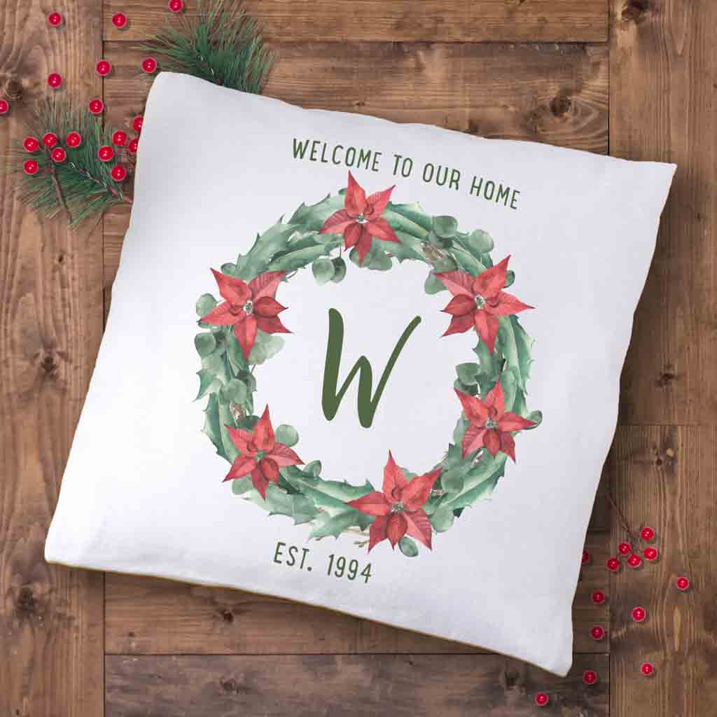 Custom printed pillow cover personalized with your initial and established year and holiday home decor.
