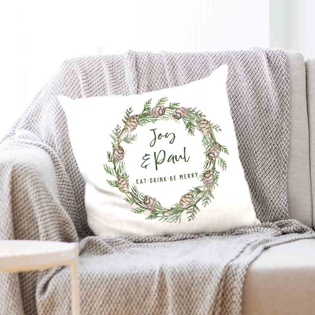 Personalized accent throw pillow covers custom printed with your name and holiday design.