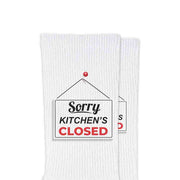 Custom designed pickleball socks digitally printed with sorry kitchens closed by sockprints.