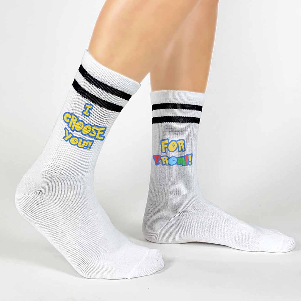 Super cool anime style design I choose you for prom custom printed on both sides of the black striped white cotton crew socks is fun and original.