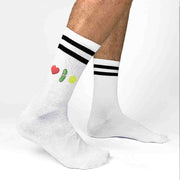 Custom designed by sockprints these super cure pickleball socks with emojis for love pick and ball printed on the side.