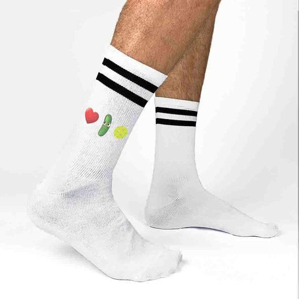 Custom designed by sockprints these super cure pickleball socks with emojis for love pick and ball printed on the side.
