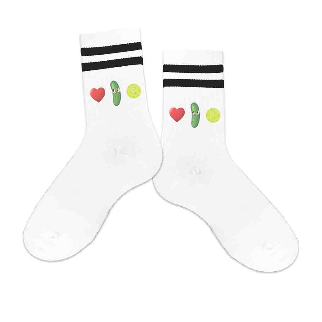 White crew socks with black stripes digitally printed with original pickleball design for the pickleball lover designed by sockprints.