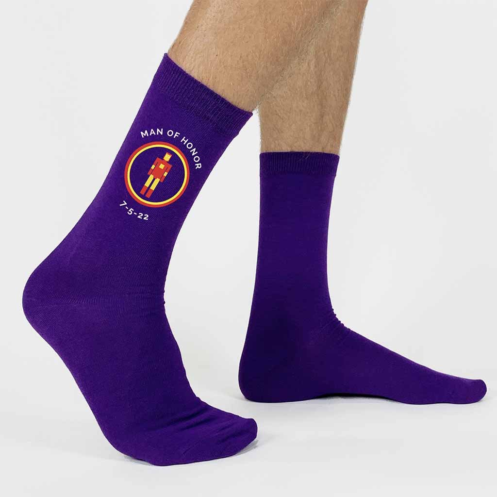 Personalized wedding socks with a Superheroes inspired theme custom printed with your wedding date and role on the sides of the purple flat knit dress socks.