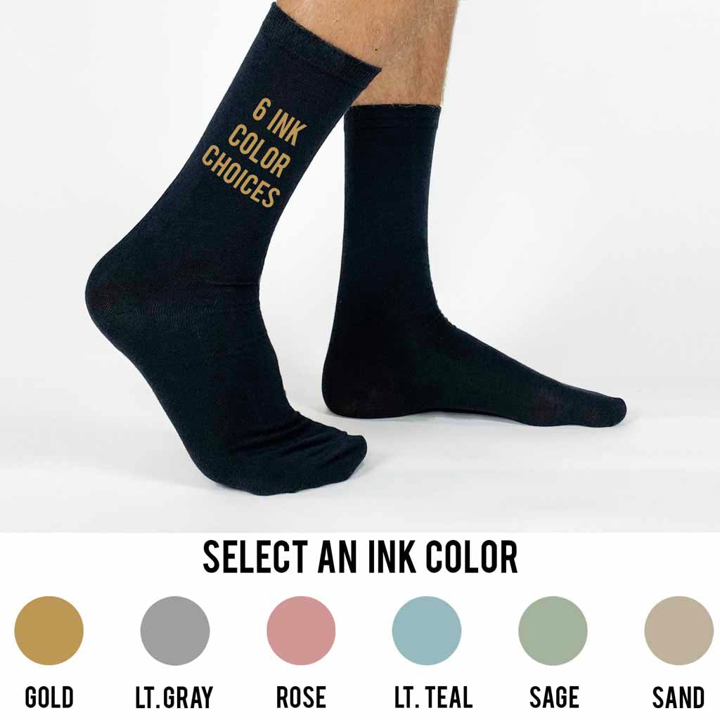 Disney inspired monogrammed personalized wedding socks digitally printed in colored ink with your date, initial, and role.