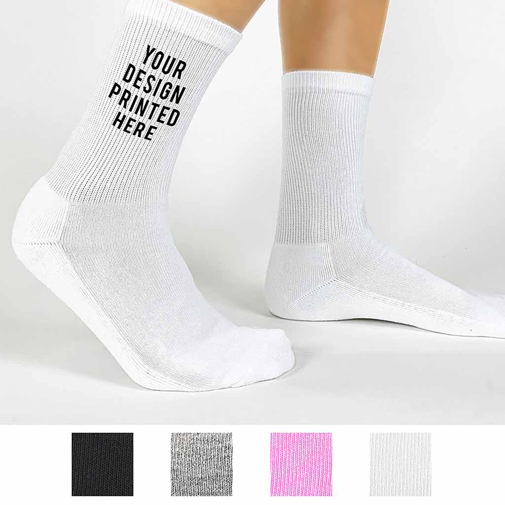 Design you own custom printed logo, text, design digitally printed on crew socks.