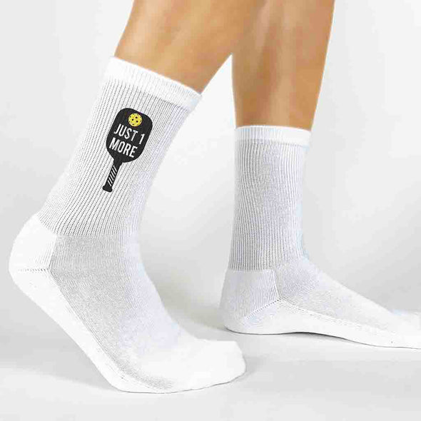 Just one more game pickleball design custom printed on white cotton crew socks.