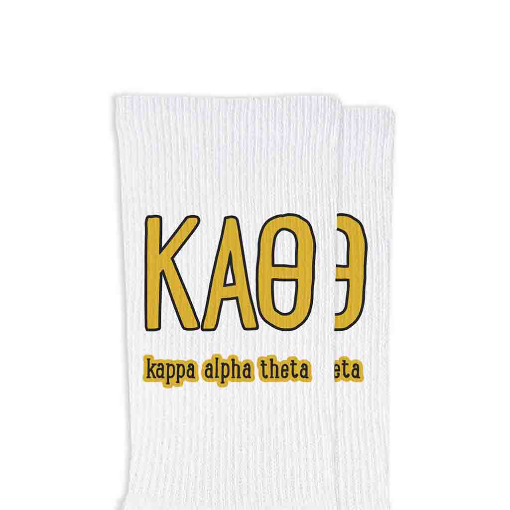 Kappa Alpha Theta sorority letters and name digitally printed on white crew socks.