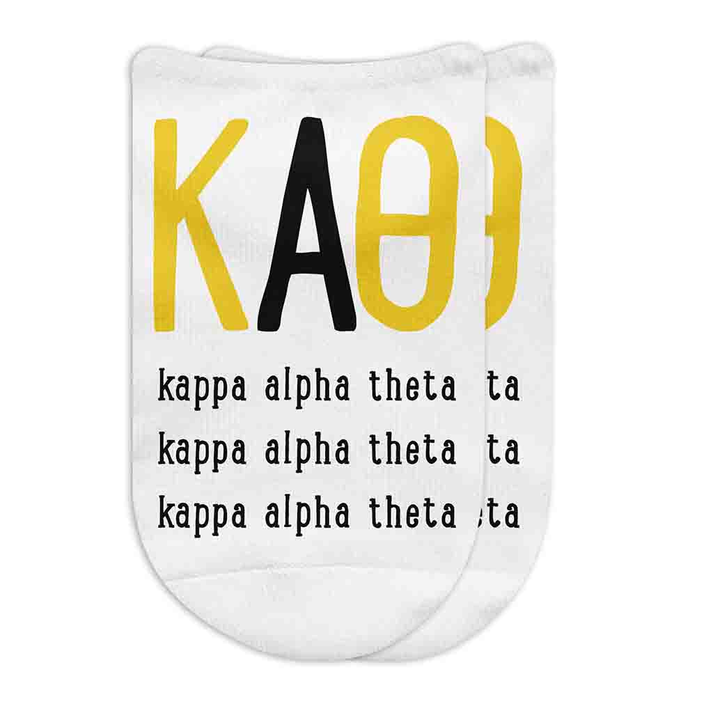 Kappa Alpha Theta sorority letters and name digitally printed on white no show socks.