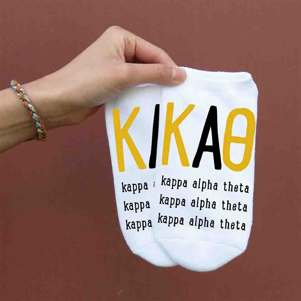Kappa Alpha Theta sorority letters and name digitally printed on white no show socks.