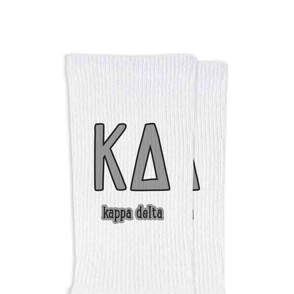 Kappa Delta sorority name and letters digitally printed in sorority colors on white crew socks.