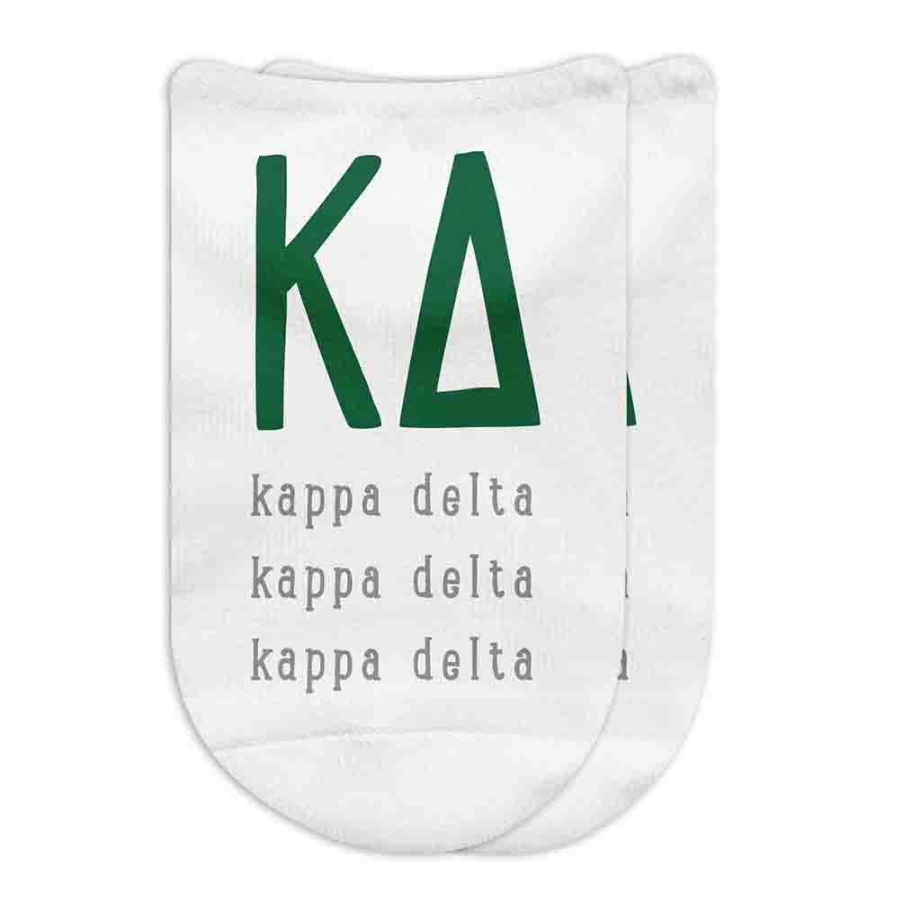 Kappa Delta sorority letters and name digitally printed in sorority colors on white no show socks.