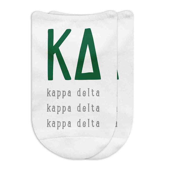 Kappa Delta sorority letters and name digitally printed in sorority colors on white no show socks.