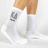 Kappa Delta sorority name and letters digitally printed in sorority colors on white crew socks.