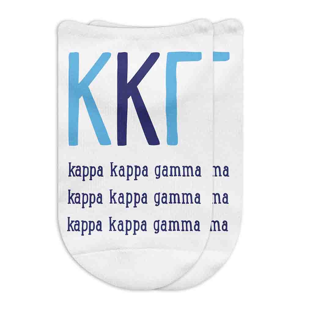 Kappa Kappa Gamma sorority letters and name digitally printed on no show socks.