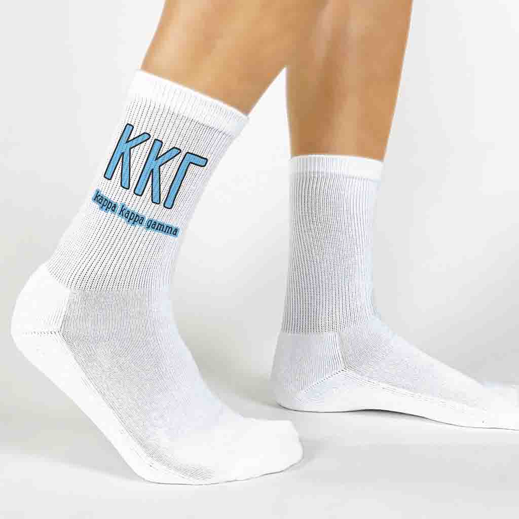 Kappa Kappa Gamma sorority letters and name digitally printed in sorority colors on white crew socks.