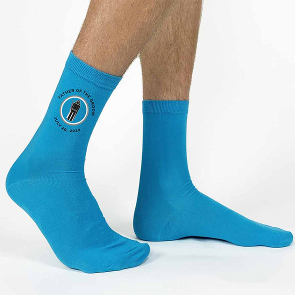 Turquoise wedding party socks custom printed and personalized with a Star Wars wedding theme. Father of the Groom socks with a Darth Vader design