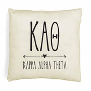 Kappa Alpha Theta sorority letters and name in boho style design custom printed on white or natural cotton throw pillow cover.