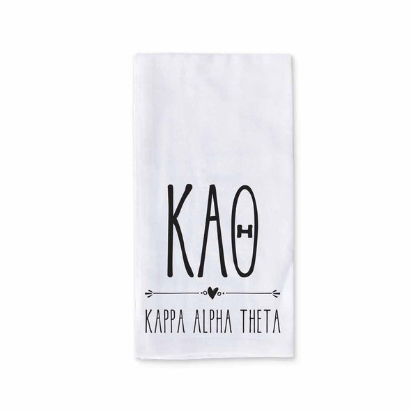 Kappa Alpha Theta sorority name and letters digitally printed on cotton dishtowel with boho style design.