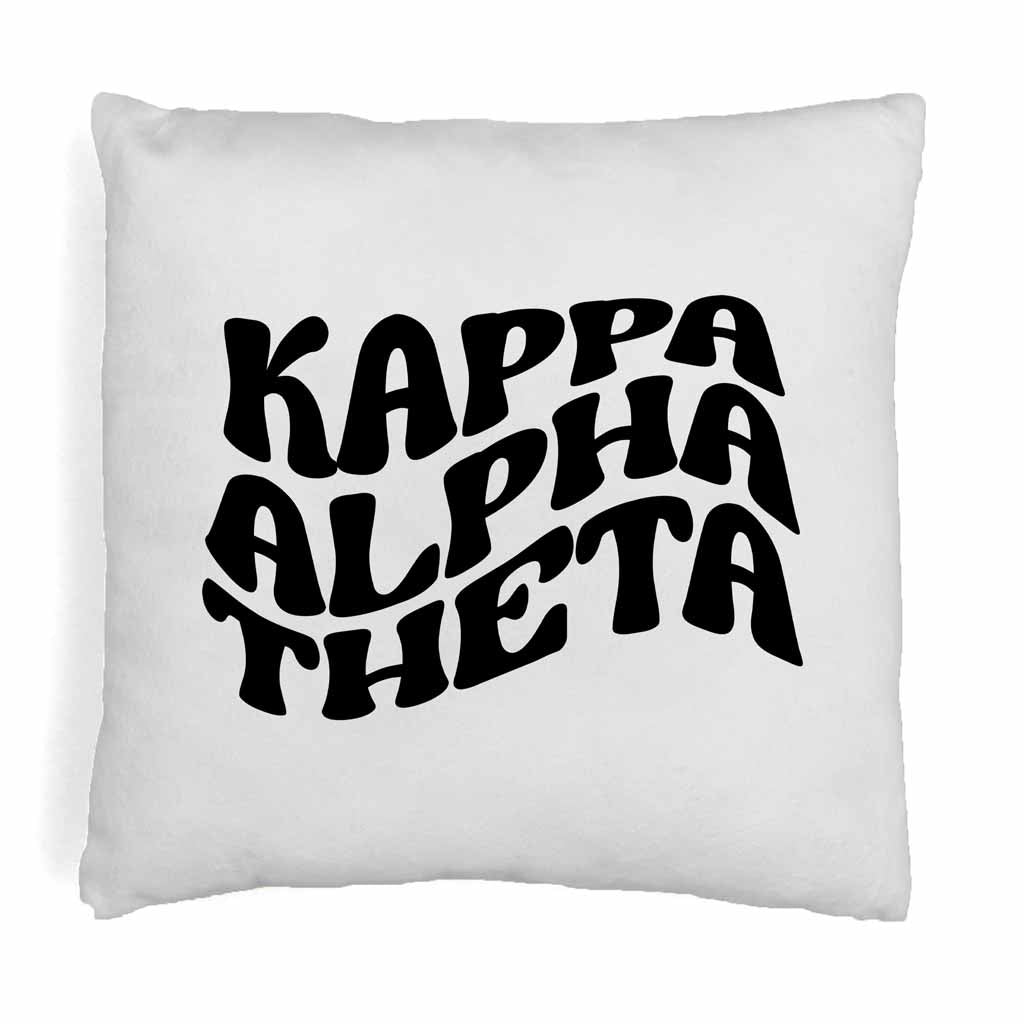 Kappa Alpha Theta sorority name in mod style design digitally printed on throw pillow cover.