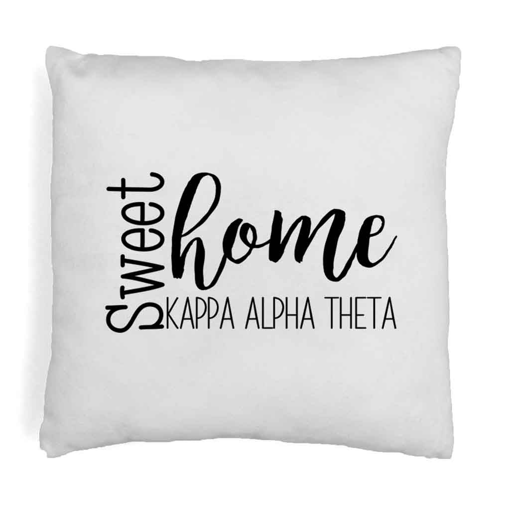 Kappa Alpha Theta sorority name in sweet home design digitally printed on throw pillow cover.