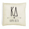 Kappa Delta sorority letters and name in boho style design custom printed on white or natural cotton throw pillow cover.