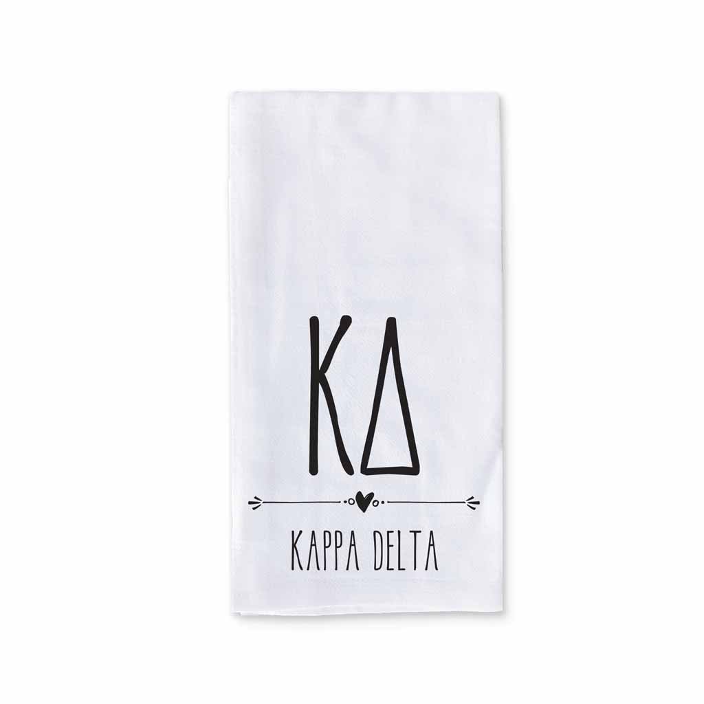 Kappa Delta sorority name and letters digitally printed on cotton dishtowel with boho style design.