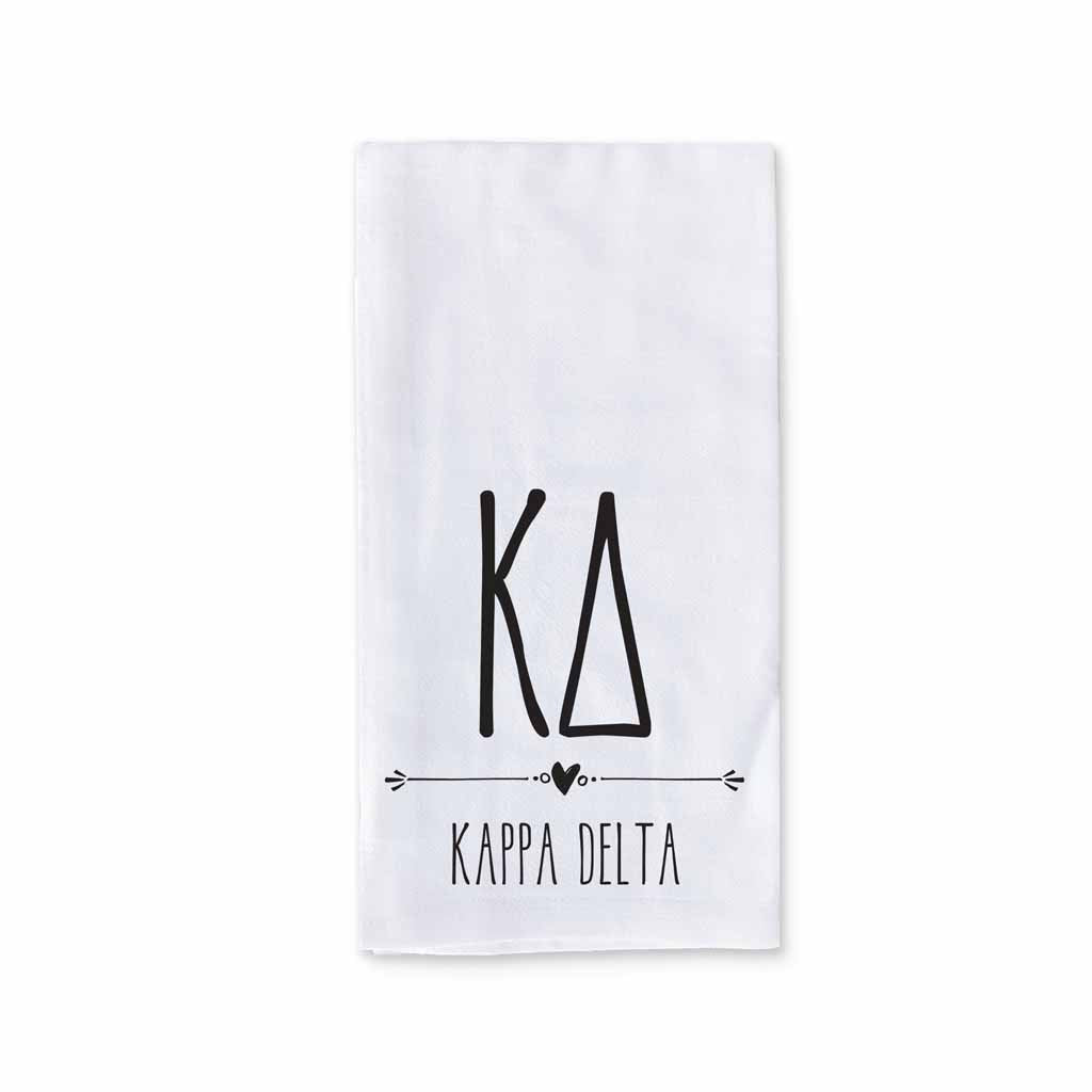 Kappa Delta sorority name and letters custom printed with boho style design on white cotton kitchen towel.