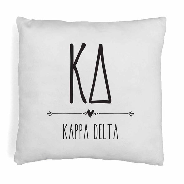 Kappa Delta sorority name and letters in boho style design digitally printed on throw pillow cover.