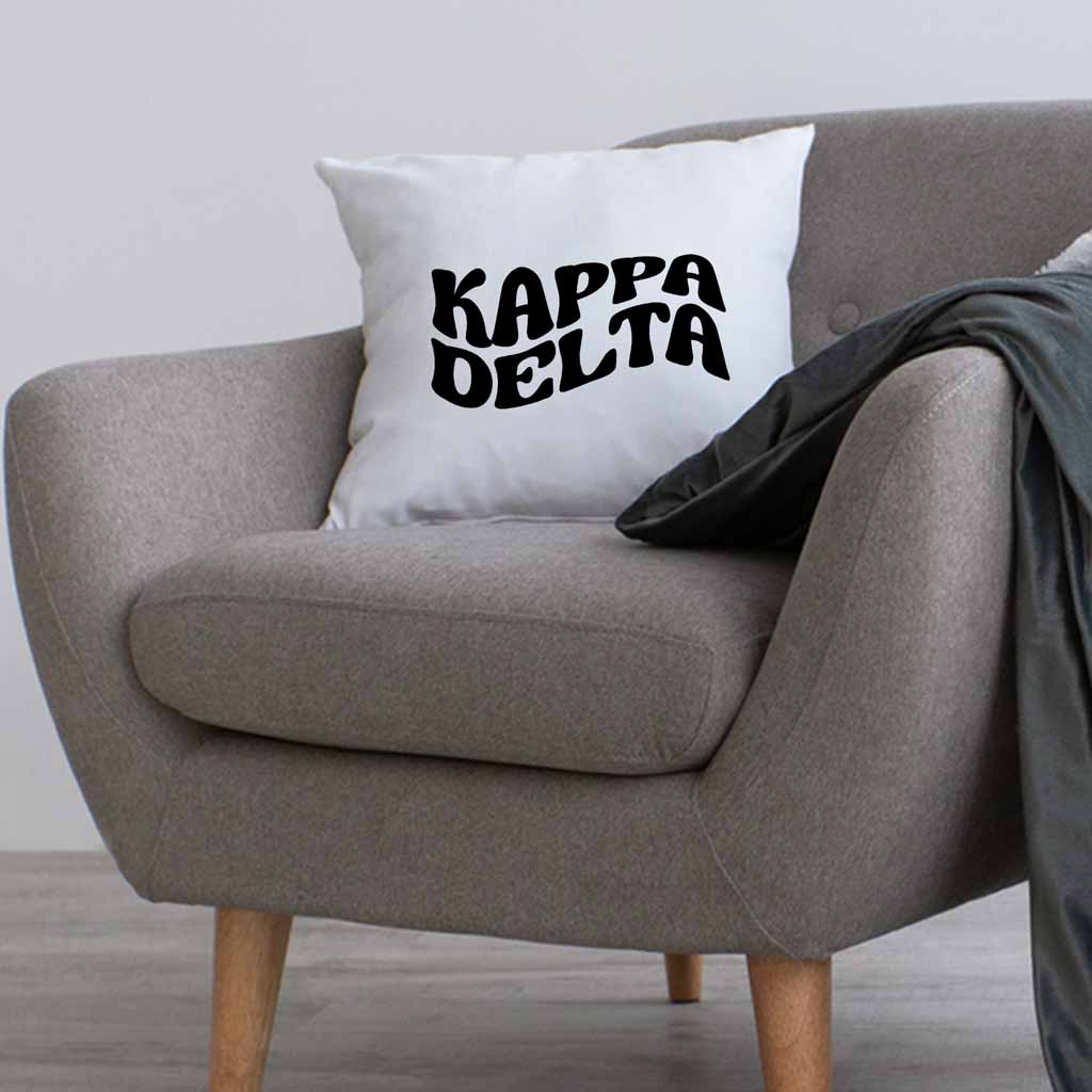 Kappa Delta sorority name in mod style design custom printed on white or natural cotton throw pillow cover.