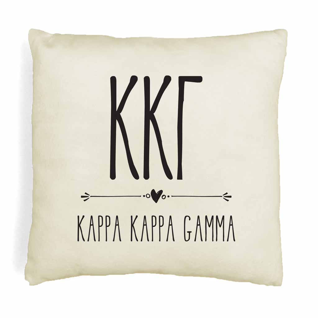 Kappa Kappa Gamma sorority letters and name in boho style design custom printed on white or natural cotton throw pillow cover.