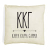 Kappa Kappa Gamma sorority letters and name in boho style design custom printed on white or natural cotton throw pillow cover.