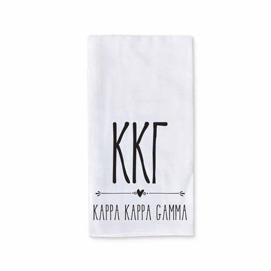 Kappa Kappa Gamma sorority name and letters digitally printed on cotton dishtowel with boho style design.
