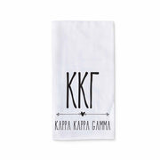 Kappa Kappa Gamma sorority name and letters custom printed with boho style design on white cotton kitchen towel.