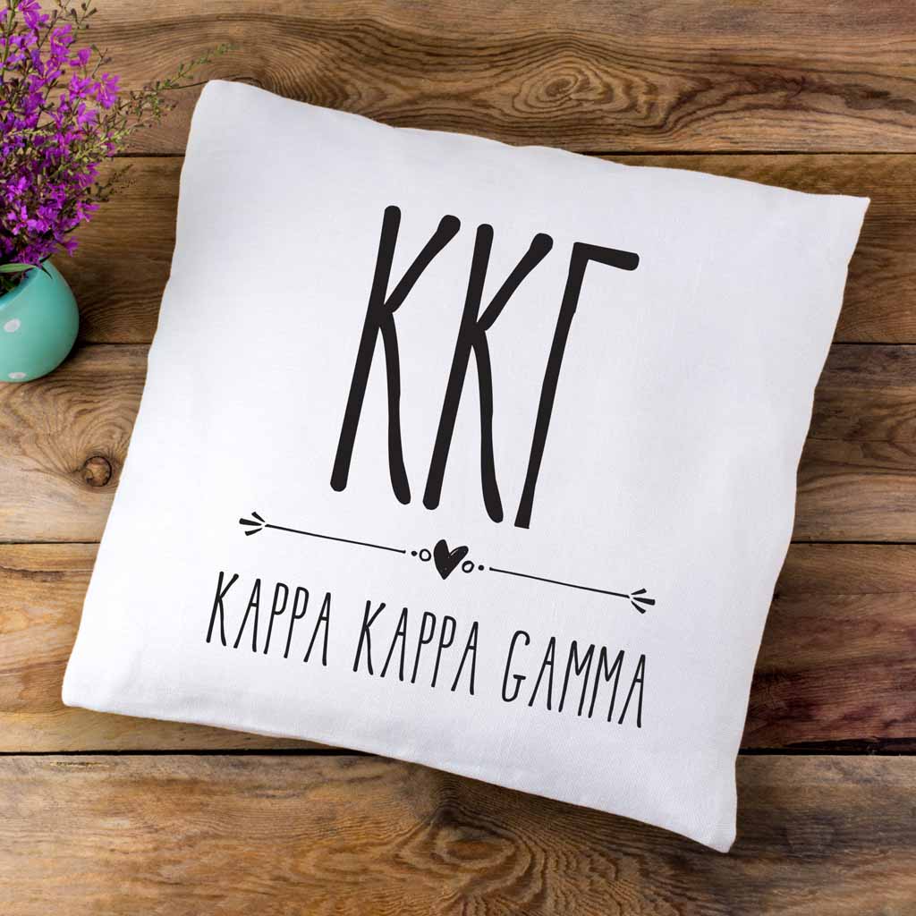 KKG sorority letters and name in boho style design custom printed on white or natural cotton throw pillow cover.