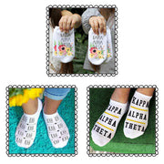 Theta sorority footie socks with sorority name, Greek letters and sorority floral design sold as a 3 pair gift set