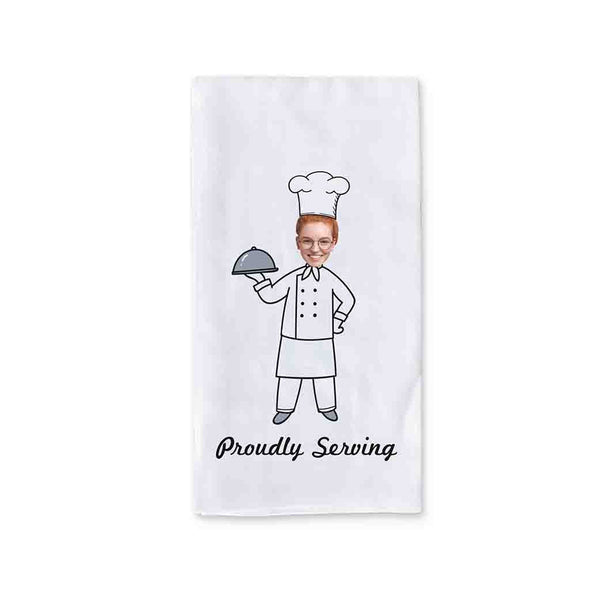 Proudly serving digitally printed humorous kitchen dish towel  for the cook with your photo and personalized