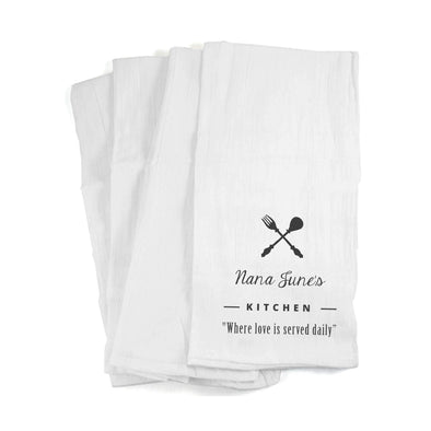 Custom printed kitchen towel digitally printed with loved is served daily design with name persoalization.