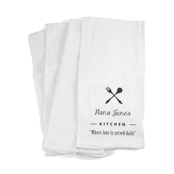 Custom printed kitchen towel digitally printed with loved is served daily design with name persoalization.